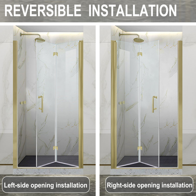 Brushed Gold Frameless Bi-Fold Shower Door with Clear Tempered Glass