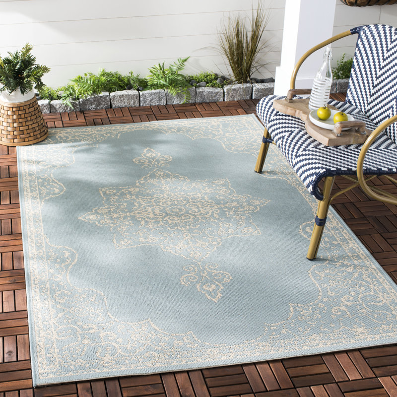 Danya Oriental Cream/Aqua Indoor/Outdoor Area Rug, Rectangle 9' x 12'