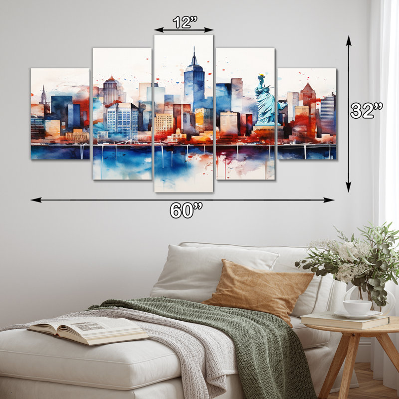 «Dreamy New York Scenery Retro Watercolor III», décoration murale City New York - 5 panneaux