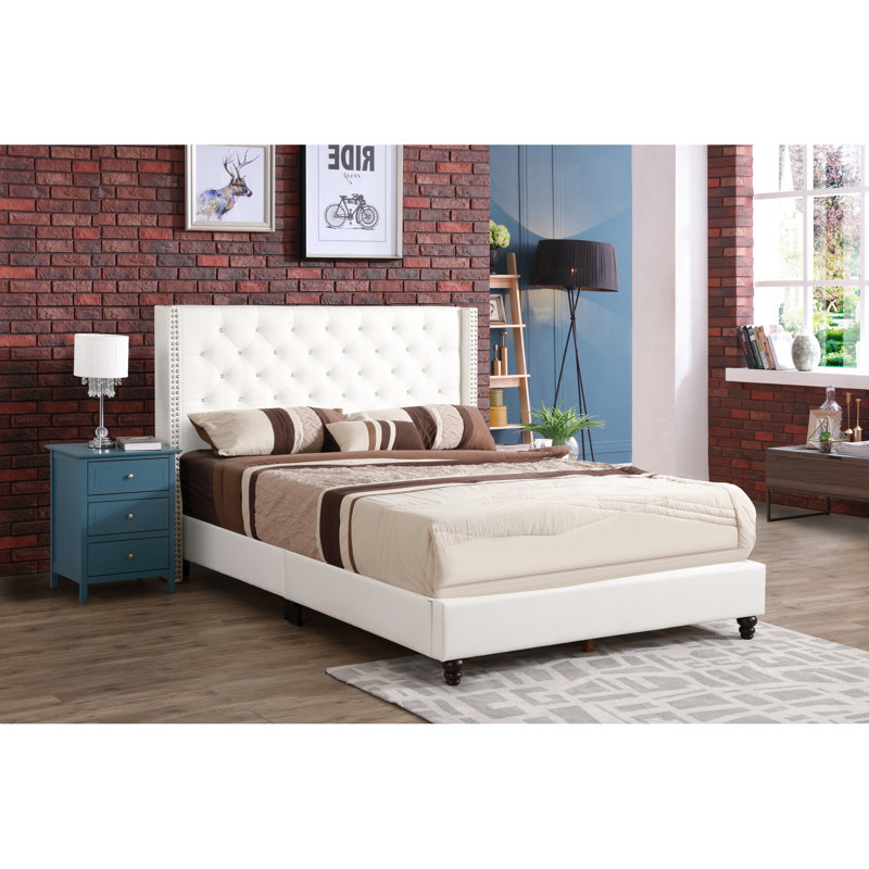 Élégant lit tapissier transitionnel blanc - H 50 po x l 66 po x P 86 po, tête de lit pour plus de facilité, rembourrage en mousse, matériau en polyuréthane, assemblage simple, tête de lit à long terme, rembourrage, assemblage principal requis, fabrication