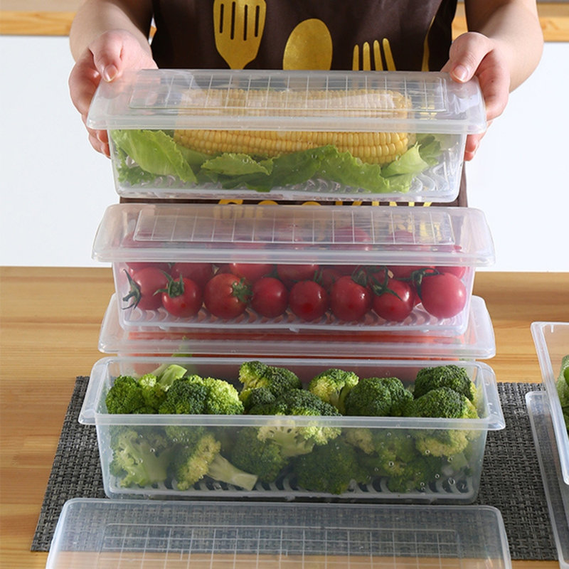 4Pcs Food Storage Container, Plastic Food Containers with Removable Drain Plate and Lid, Stackable Portable Freezer Storage Containers - Tray to Keep Fruits, Vegetables, Meat and More