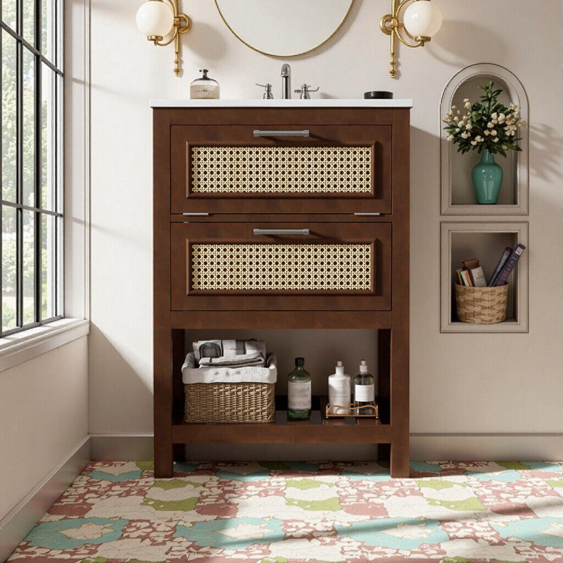 Meuble-lavabo 24 po avec lavabo en céramique, meuble de rangement, conception moderne, Marron foncé