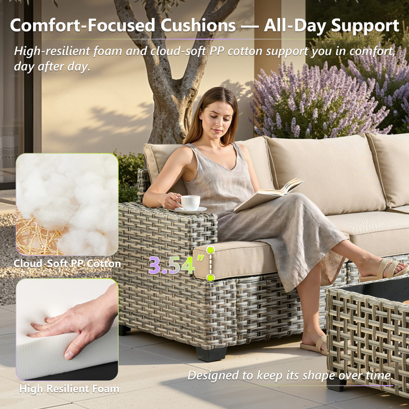 Ensemble de conversation avec canapé 6 pièces avec foyer et coussins Carolle, Beige