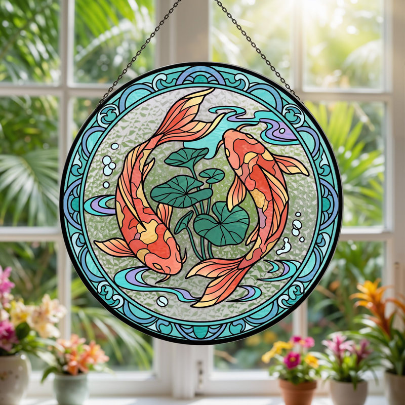 Koi Fish Stained Glass Window Panel，7.8H, 7.8"H