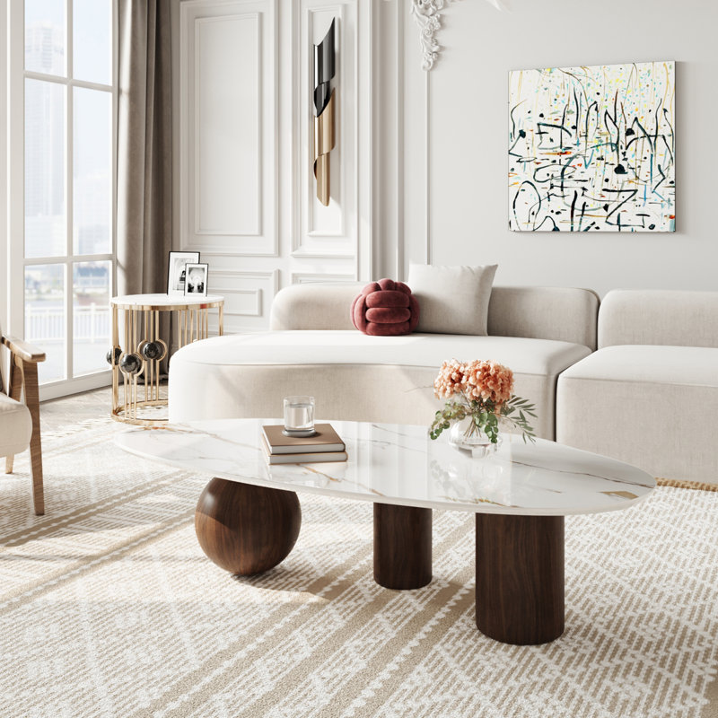 54'' Modern Coffee Table for Living Room, Stone Center Table with 3 Legs and White Sintered Stone Tabletop, Brown, White