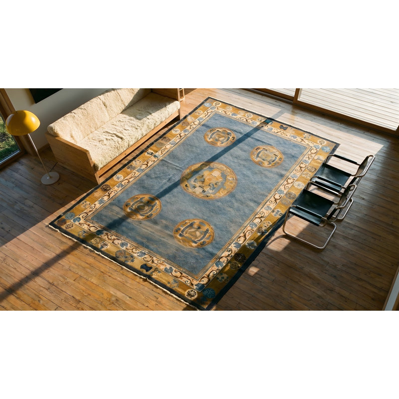 Tapis bleu antique à motif géométrique en laine noué à la main des années 1930
