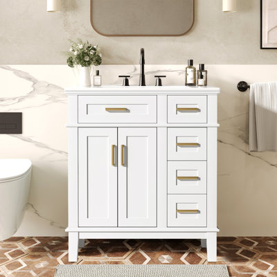 Meuble-lavabo de salle de bain avec lavabo en céramique, armoire de rangement, tiroir profond et tiroir standard