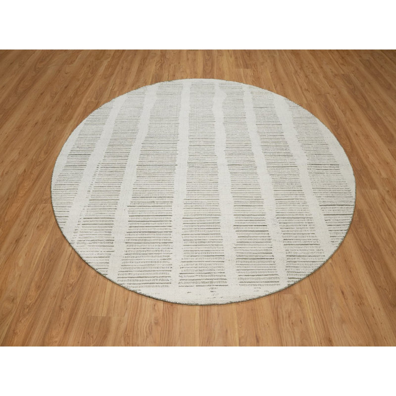Tapis oriental texturé rond blanc perlé 7 pi 9 po x 7 pi 9 po, laine naturelle non tissée, tissé à la main, tissé à plat avec velours