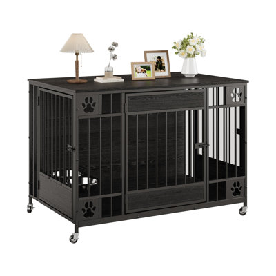 Modern Triple Door Dog Crate Furniture – 41" Decorative Wooden Kennel for Medium & Small Dogs – Stylish Indoor Pet Cage – Black Relief