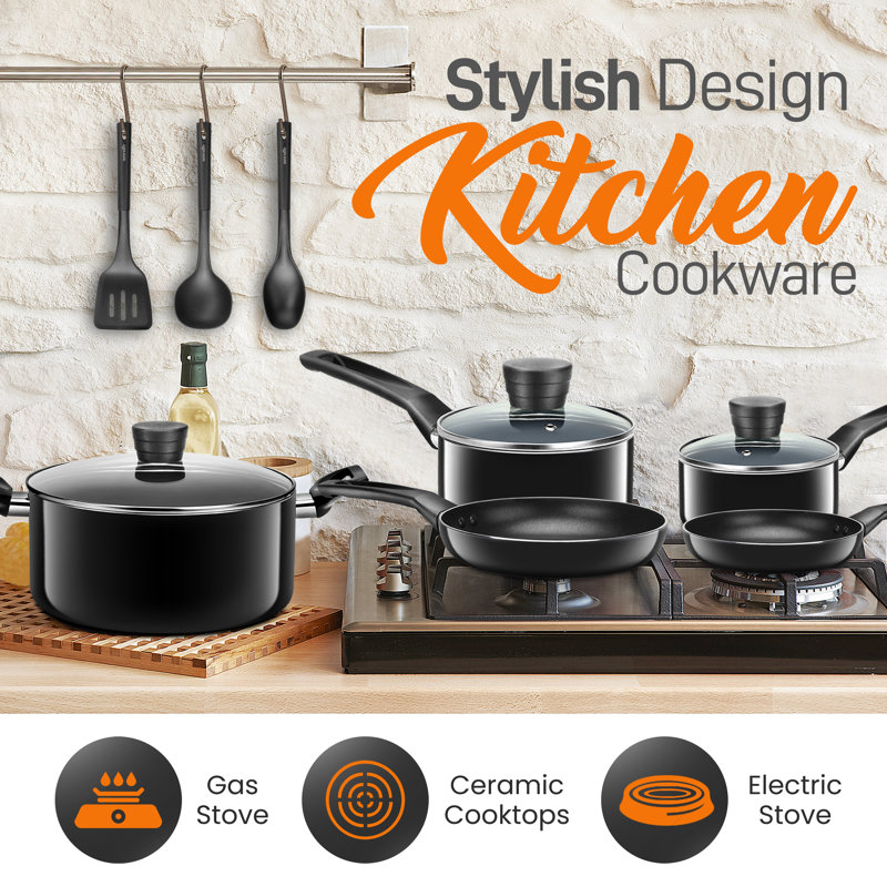 SereneLife 11-Piece Black Non-Stick Aluminum Cookware Set