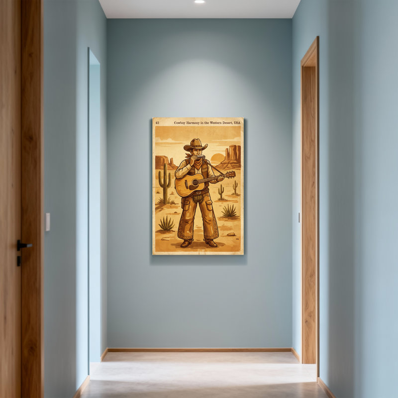 Fashion Cowboy jouant de la guitare dans un paysage désertique, H 18 po x l 12 po