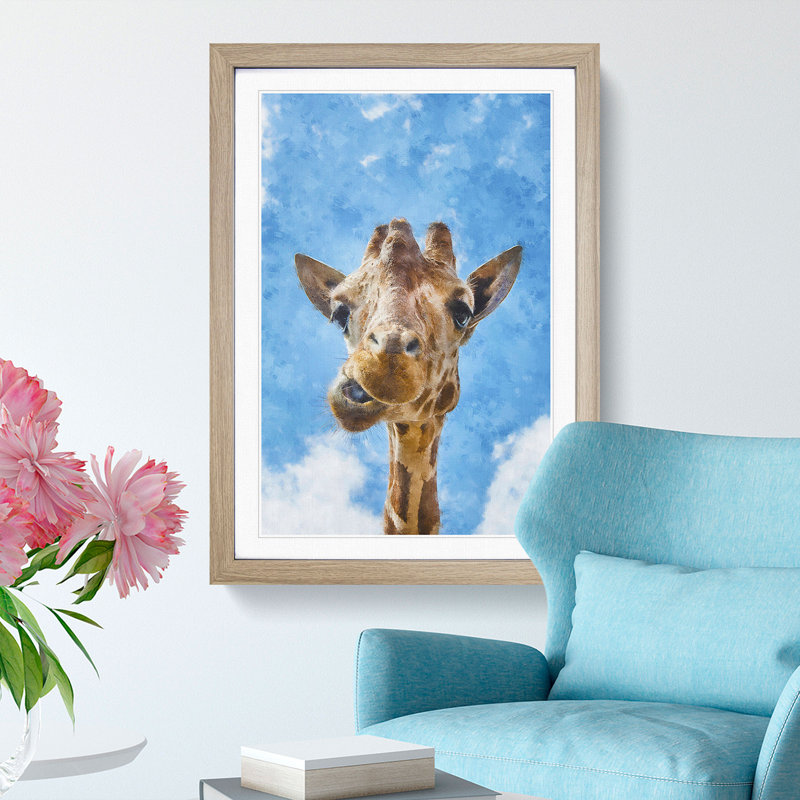 Chewing Giraffe - Picture Frame Painting Print, 45cm H x 33cm W x 2cm D, Oak Framed