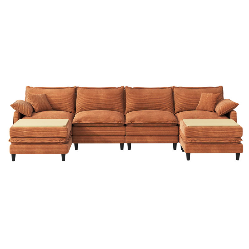 143.7'' Comfy  U Shaped Sectional Modular Deep Cloud 4-Piece Sofa with Two Ottoman- Premium Fabric, Orange