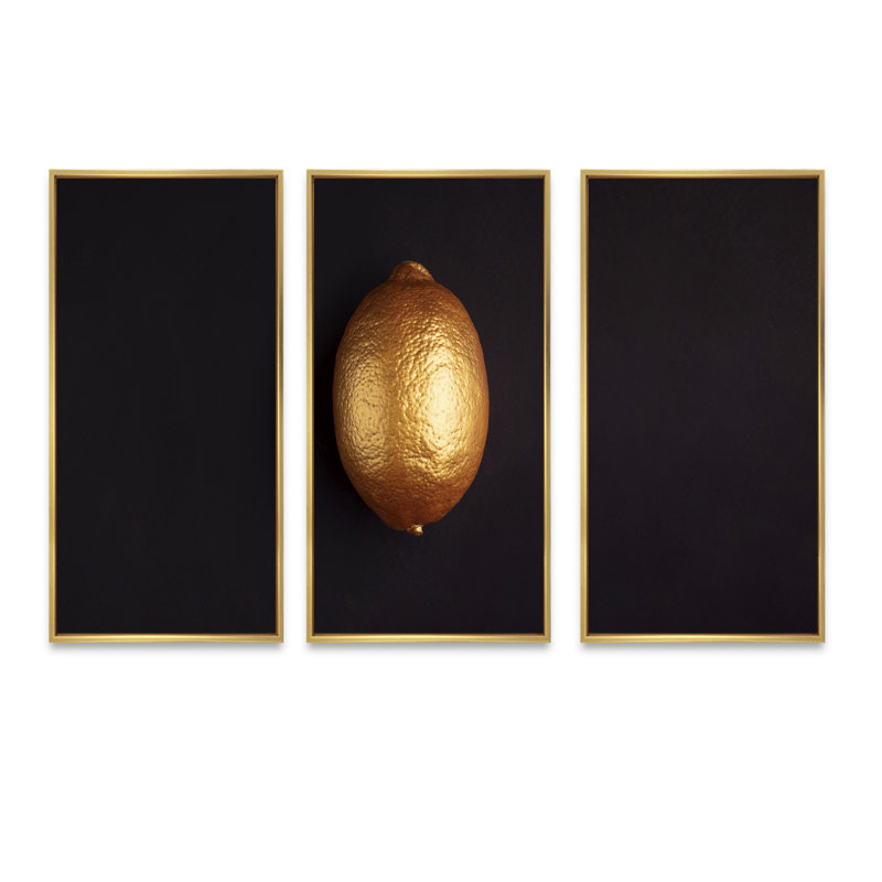 Fleurs tropicales dorées sur fond noir I - reproduction flottante sur toile 3 pièces, H 28 po x l 36 po x P 1 po, Cadre doré