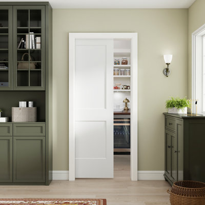 24"x80" Flat 2-Panel Smooth White Primed Molded Hollow Core Sliding Pocket Door with Soft Closet Pocket Door Frame Kits