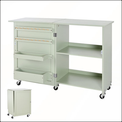 Folding Sewing Table with Compact Design, Wheels, Wooden Pegs, Storage Trays, and Shelf for Organized Crafting