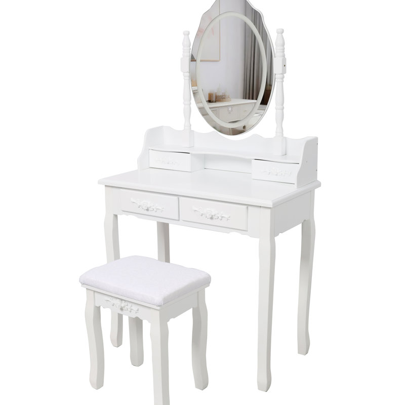 Bureau de coiffeuse blanc avec miroir, tabouret rembourré, 4 tiroirs, DEL, rangement spacieux, sièges confortables, matériau, structure stable, pieds de maquillage faciles à assembler, installation