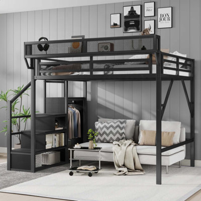 Metal Loft Bed with Storage Staircase & Wardrobe, High Loft Bed Frame with Upper Mesh Shelf, Multi-Functional Space-Saving Bedroom Loft Bed for Teens Adults