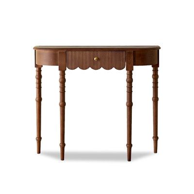Vintage American Solid Wood Half Moon Console Table, Fluted Scalloped Single Drawer Turned Spindle Leg Narrow Entryway Sofa Table For Wall Display Storage