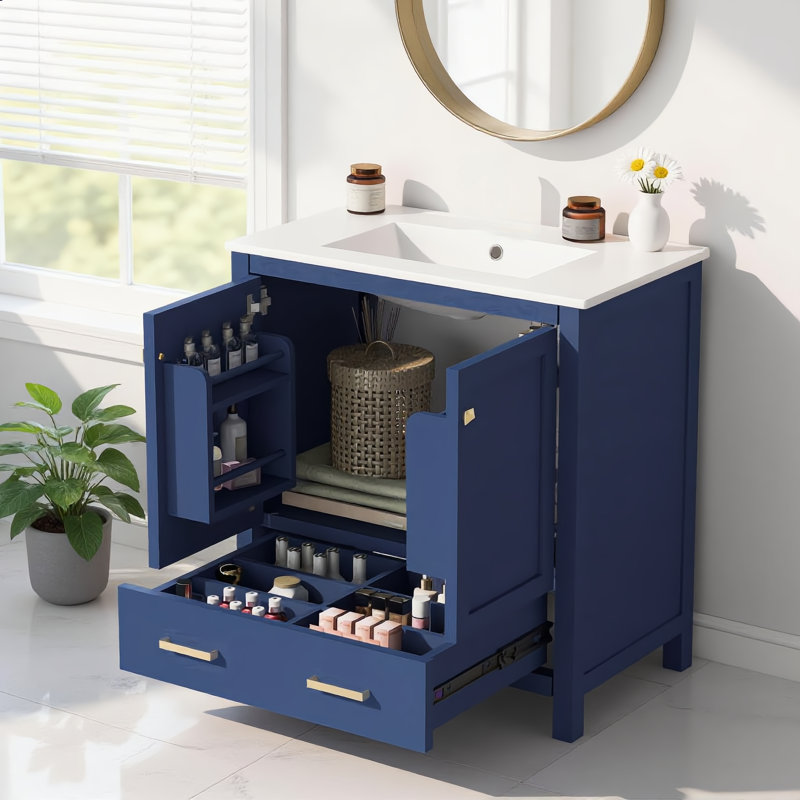 Armoire de salle de bain encastrée grise avec lavabo simple à cadre en bois massif, deux tiroirs et système de fermeture en douceur