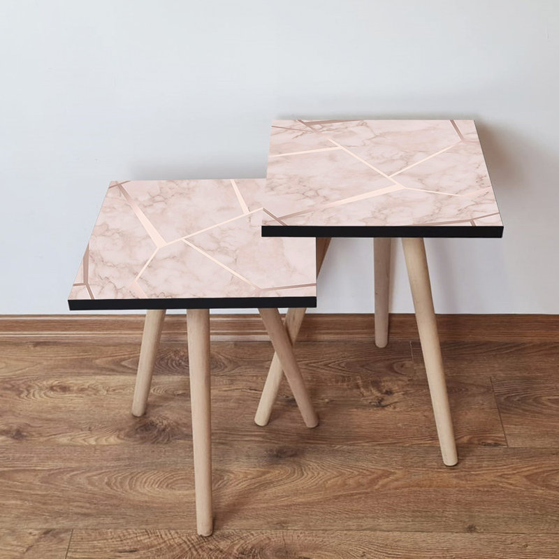 Modern Scandinavian Nesting Tables (2 Pieces), Beige & White, 13.8 x 18.5 x 13.8 inches | 100% MDF with Beech Wood Legs, Stylish Marble Top | Perfect for Living Room & Home Decor, Space-Saving Design