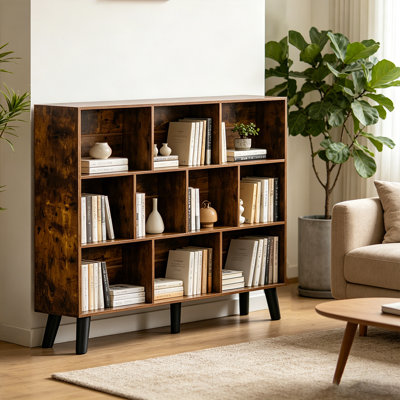 Bibliothèque vintage à 3 niveaux avec pieds, étagère de rangement autoportante Mid-Century en bois, bibliothèque à 10 cubes