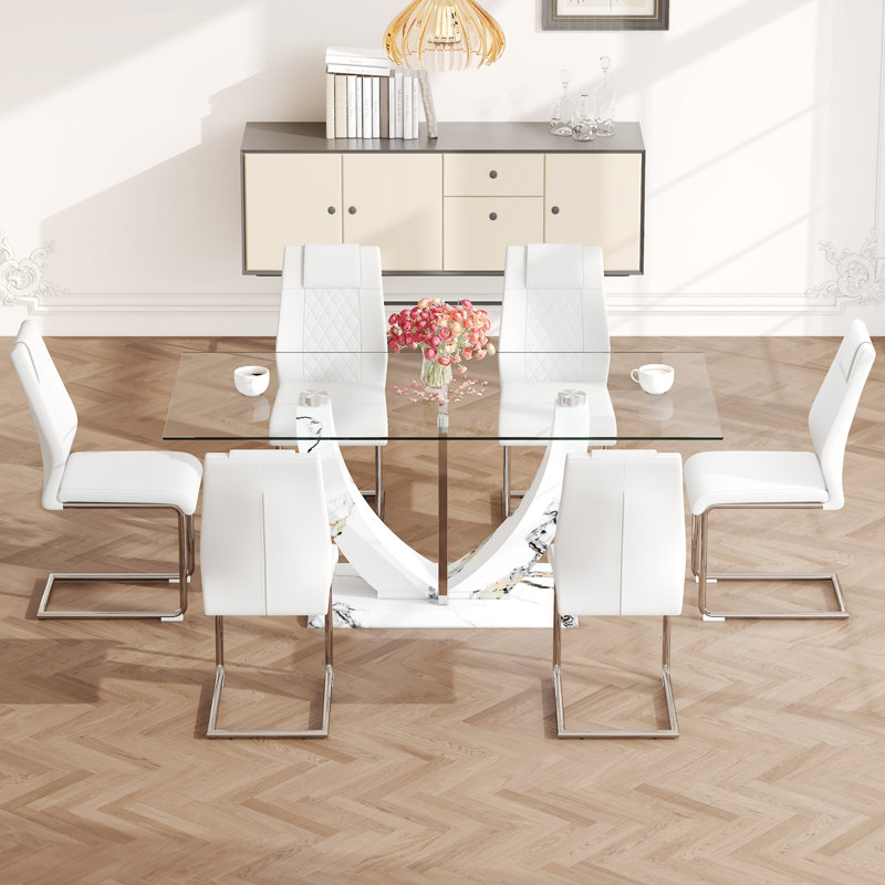 Table And Chair Set, Large Modern Rectangular Glass Table, Can Accommodate 6-8 People, Equipped With A 0.39-Inch Tempered Glass Tabletop And MDF Table Legs.Paired With Comfortable And Soft Chairs.