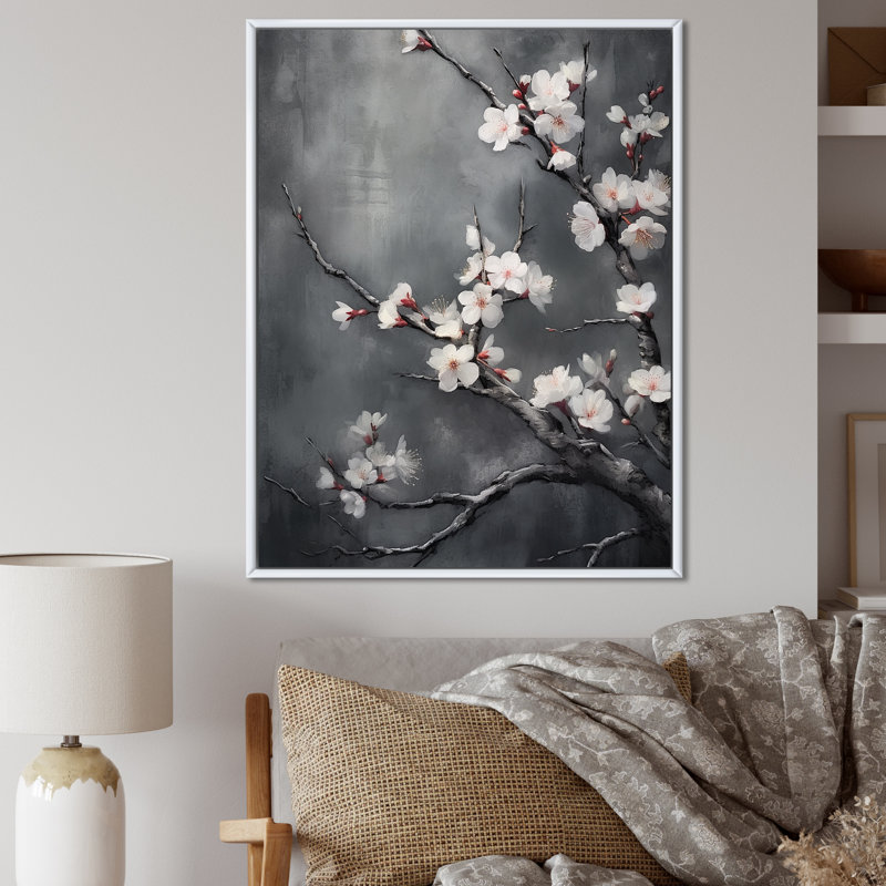 Fleurs de cerisier blanches sur 20 nuances de gris - impression sur toile encadrée cerisier, H 20 po x l 12 po x P 1 po