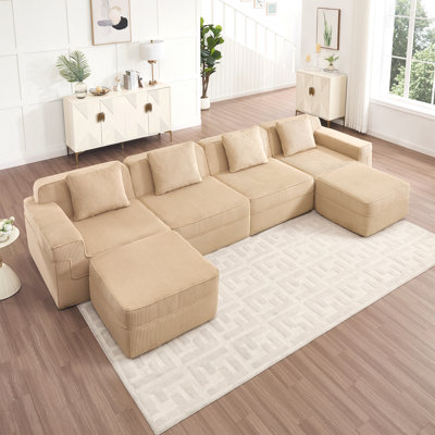 Canapé modulaire modulaire à 4 places désossé - tissu velours côtelé, canapé Cloud, siège très profond, coussins décoratifs, repose-pieds mobile