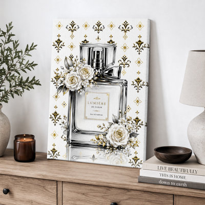 Silver Perfume Bottle With White Roses Artwork, Bathroom Pictures, Framed Canvas Giclee Print Wall Art