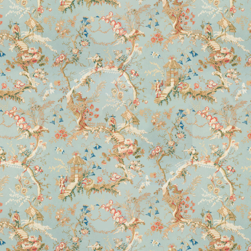 Chinese Landscape 100% Cotton Performance Fabric, Sky Blue