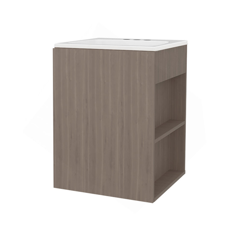 Siena Compact Vanity Cabinet, Single Door, Two Open Side Shelves, Space-Saving Design, Melamine,Bathroom Storage Unit, White Oak
