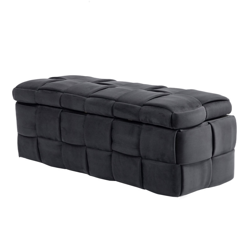 Pransh Velvet Upholstered Storage Bench, Black