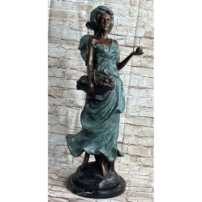 Bronze Statue of Woman Holding Basket on Marble Base