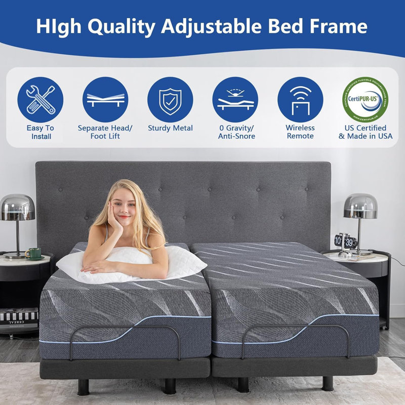 Twin XL Adjustable Bed Base With Mattress, 12 Inch Grey Gel Memory Foam Medium-Firm Mattress In Box, Adjustable Bed Frame With Wireless Remote Back Leg Lift+Adjustable Bed Legs+Child Lock , Memory Preset Position Electric Smart Bed