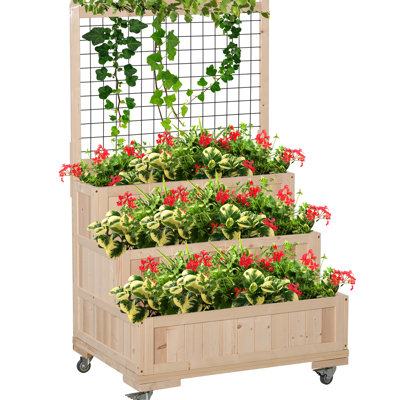 54.72" H Vertical Planter Box With 3 Raised Garden Bed, Trellis & Wheels, Back Storage For Flower, Veggie, Herb Plant Bed Trellis, 53" Wheels Vegetable, Plants