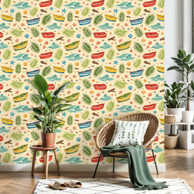Peel and Stick Wallpaper Puerto Rico Beach Boats Horizontal Contact Paper Removable Self Adhesive Wall Mural Wall Decor for Bedroom Kitchen Cabinets 17.7in x 118in