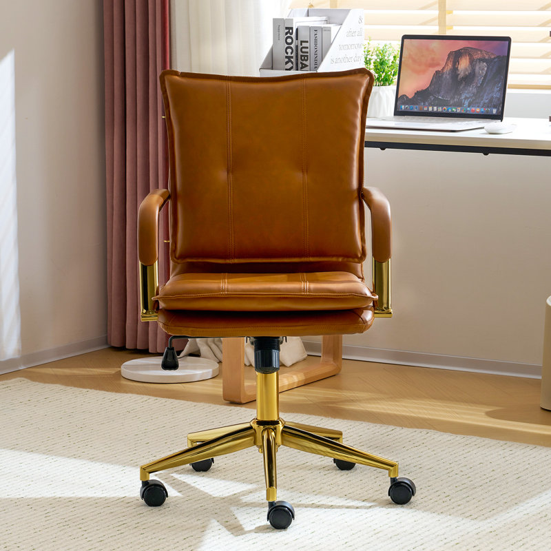 Chaise de travail en cuir Dareece avec accoudoirs rembourrés, Chameau