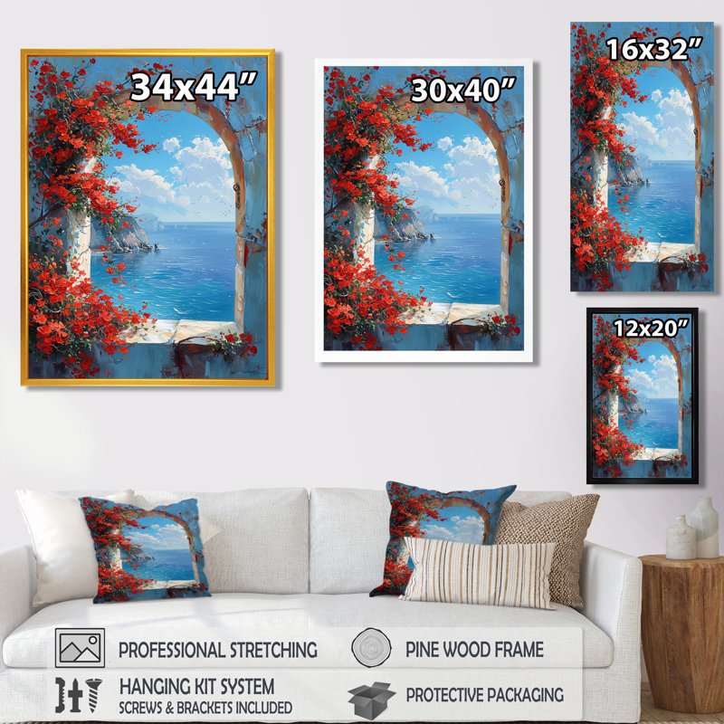 Fleurs rouges, vue de la fenêtre à l'horizon de l'océan bleu - fenêtres murales côtières, salon, H 20 po x l 12 po x P 1 po