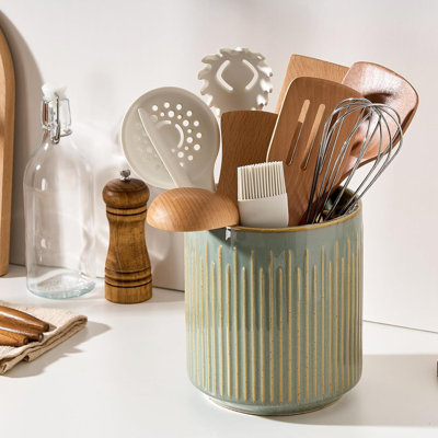 Ceramic Utensil Holder with Removable Divider (6.5"6.5"7.3") - Ridged Design, Cork Mat, Multi-Use for Kitchen