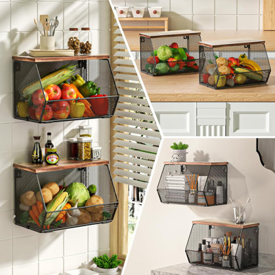 Panier de fruits empilable pour économiser de l'espace sur le comptoir de la cuisine, paniers métalliques grillagés en métal avec couvercle en bois, rangement de comptoir de cuisine pour les collations, les oignons et les pommes de terre
