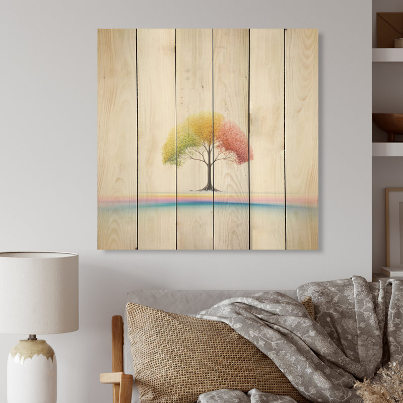 Minimalisme, arcs-en-ciel, arbre de répit minimaliste sur bois de pin naturel, H 15 po x l 15 po
