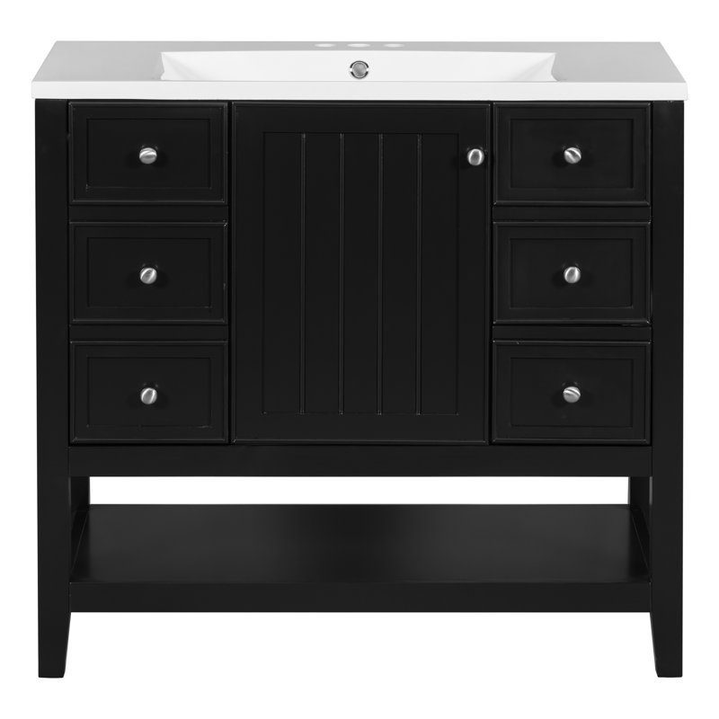 Armoire de salle de bain noire en bois massif avec meuble-lavabo 36 po avec lavabo en céramique noir