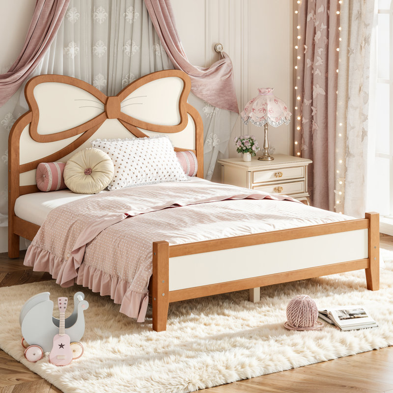 Lit d'enfant en bois de fantaisie, taille standard, avec tête de lit à nœud, sommier à lattes pour filles, Brun