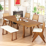 6 Dining With 82.7inch Extendable Table, Upholstered Seating, 2 11.8-inch Detachable Leaves, Walnut Quality Table , Chairs & Bench, Removable Identifiable