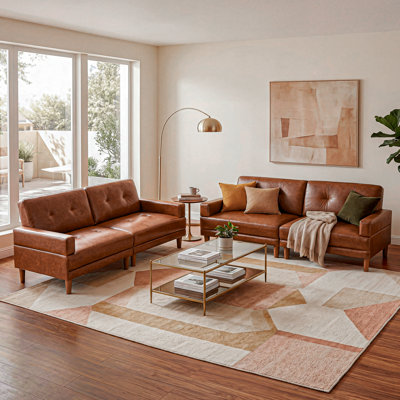 2-Piece Set 78.8-inch Brown Leather Sofa, Mid Century Modern 3-Seat Luxury Sectional Tufted Couch With Square Arms , Retro Home Sofa Living Room