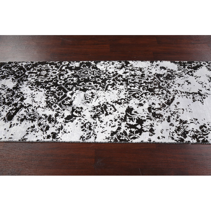 Tapis de couloir gris noué à la main de conception unique 2 pi 8 po x 10 pi 5 po New Age