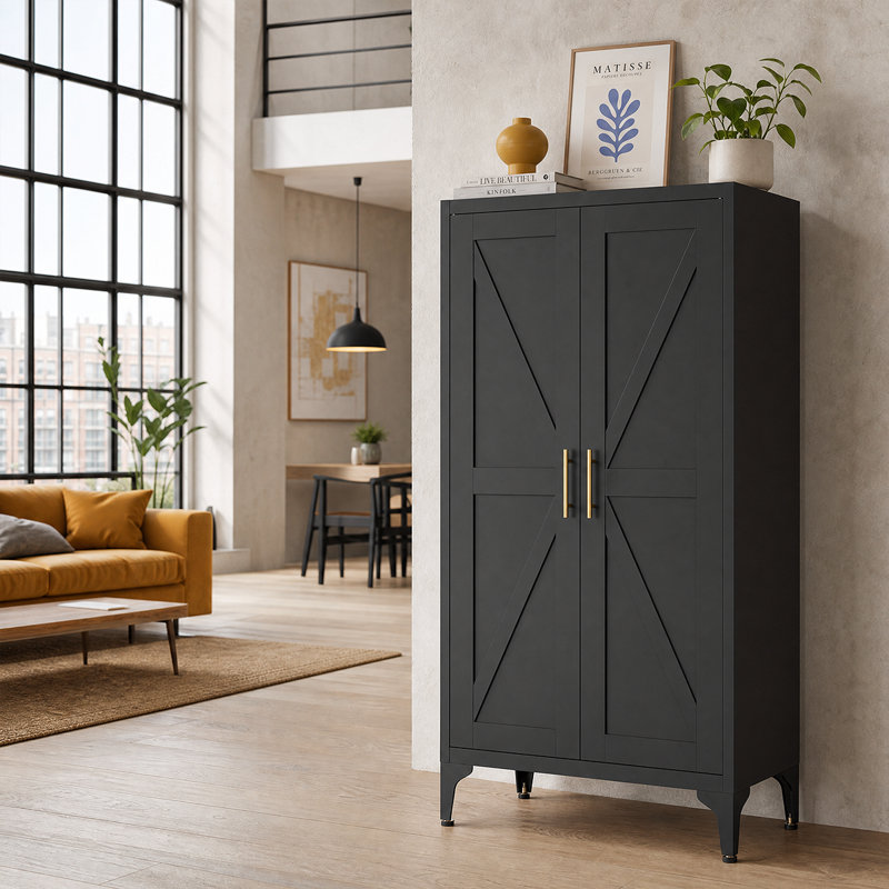 Versatile All-Steel Kitchen Pantry Cabinet With Adjustable Shelving And Secure Magnetic Closure, Black