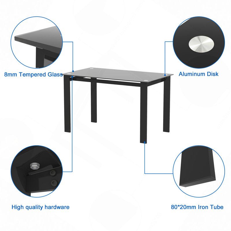 Table de salle à manger moderne en verre trempé noir, pieds de table simples en métal, table de salon