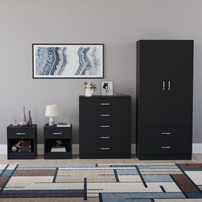 Tayce 4 Piece Bedroom Set (1 Drawer Bedside Chest X2, 5 Drawer Chest, 2 Door 2 Drawer Wardrobe)
